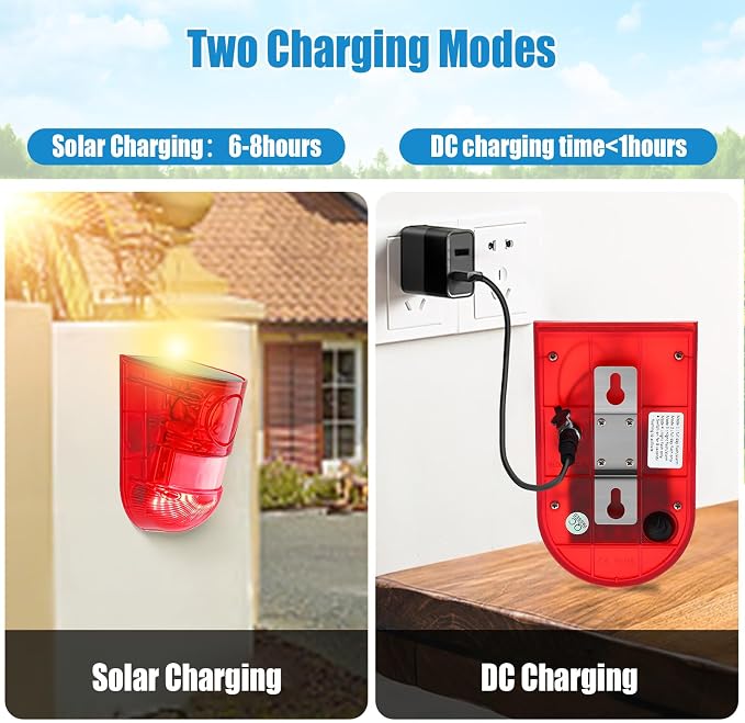 Qualirey Solar Sound and Light Alarm Motion Sensor 129db Outdoor Security Siren Waterproof Activated Detector Driveway Alarm 6 LEDs Flash Warning Deterrent Strobe System for Home, Farm(Red,2 Pack)