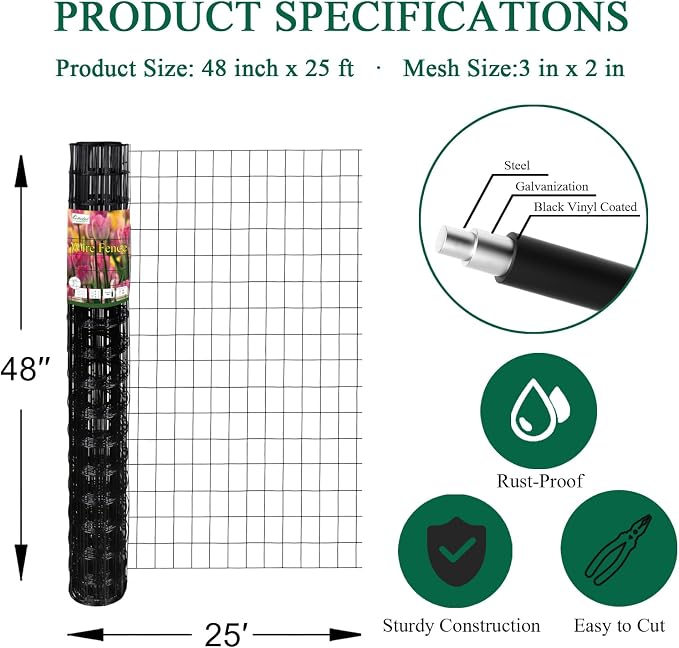 FOREHOGAR Black PVC Coated Welded Wire Fence 48 Inch x 25 Foot, 2 Inch x 3 Inch 16GA, Garden Border Fencing Roll Vinyl Coating Metal Wire Mesh for Yard Vegetable Plant Protection Poultry Netting