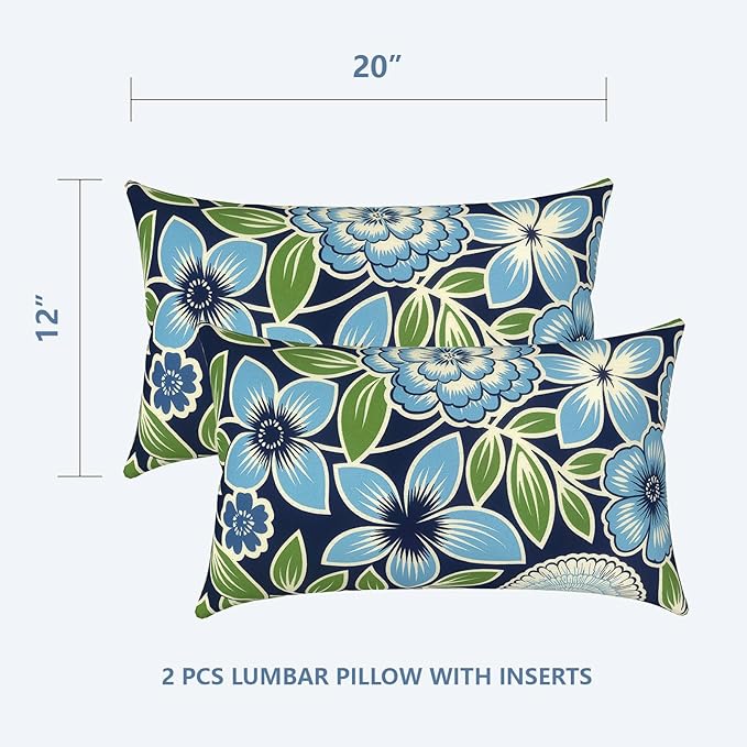 LVTXIII Set of 2 Patio Lumbar Pillows, 12" x 20" Fade Resistant Outdoor Lumbar Pillow with Inners, Fluffy Decorative Garden Lumbar Cushions for Home Patio Coach Sofa Use, Azure Botanical Symphony‌
