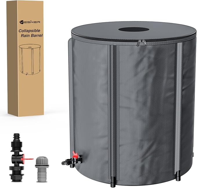 Yesker Collapsible Rain Barrel, 53 Gallon Portable Rainwater Collection System, 550D PVC Water Storage Tank, Rain Catcher with Spigots Filter Overflow Kit, Grey