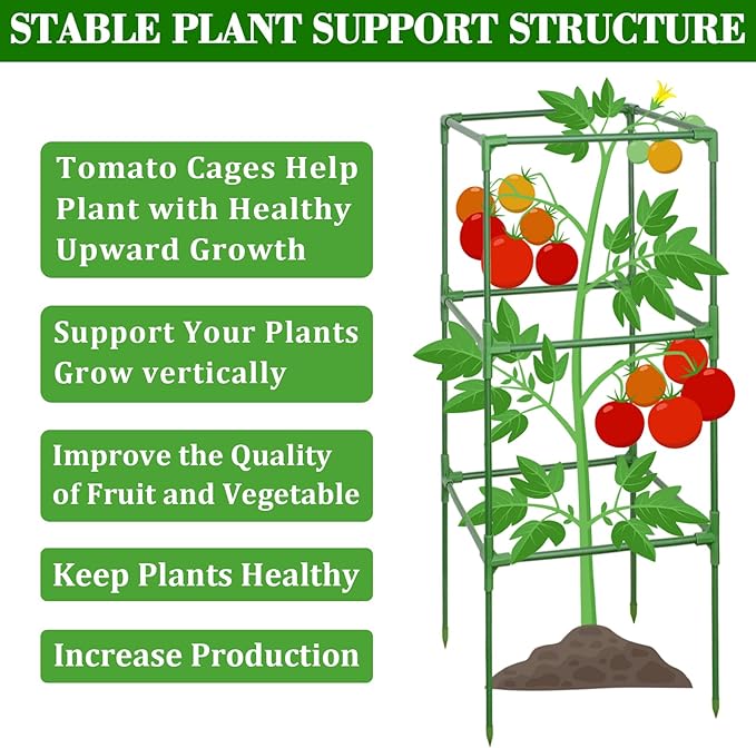 ZeeDix 4 Pack Tomato Cages for Garden 60 Inches, Heavy Duty Square Adjustable Tomato Trellis Cage Climbing Plant Support Trellis Plant Cages for Climbing Vegetables Flowers with 40Pcs Clips