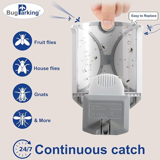 Flying Insect Trap, Plug-in UV Light for Gnats, Fruit Flies and Houseflies, Silent Sticky Catcher for Indoor Use, 1 Device & 5 Refills