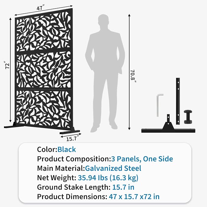 Garvee 72" H x 47" W Outdoor Metal Privacy Screen, Freestanding Laser Cut Decorative Fence Panel with Stand, Weatherproof Galvanized Steel Privacy Screens, for Patio Garden Balcony Backyard, Black