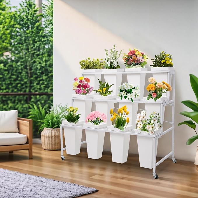 Flower Display Stands with Buckets, 3-Tier Rolling Plant Stand with Locking Wheels - Heavy Duty Metal Flower Cart for Indoor/Outdoor Use, Wedding Decor & Florist Displays (Holds 12 Pots) (White)