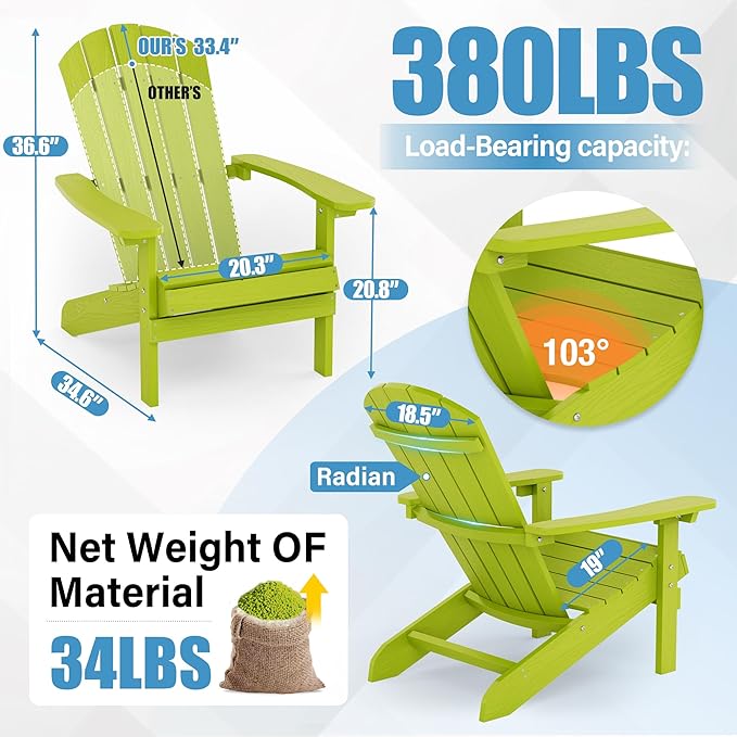 YEFU Plastic Adirondack Chairs Weather Resistant, Patio Chairs 5 Steps Easy Installation, Like Real Wood, Lawn, Outside, Garden Chairs (Kelly Green)