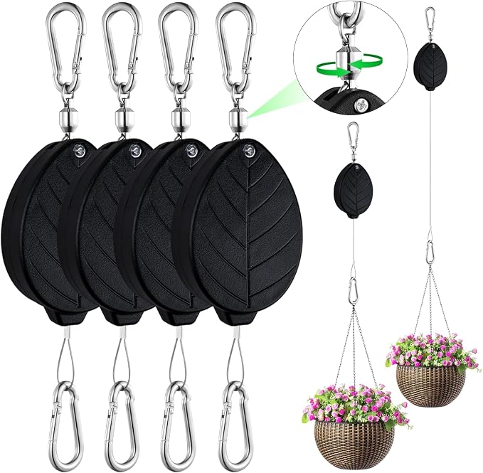 Heavy Duty Retractable Plant Hangers, Adjustable Pull-Down Pulleys with 63" Stainless Steel Rope, Double Hooks for Hanging Plants, Bird Feeders, Planters & Pots, Indoor & Outdoor Use (4Pcs- Black)