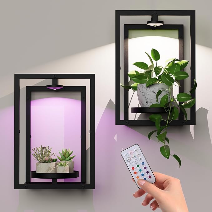 Wall Plant Holder with Grow Light, Wall Planters for Indoor Plants with Wireless Remote & Timer, Plant Frames Wall Decor Shelf for Living Room, 2 Pack
