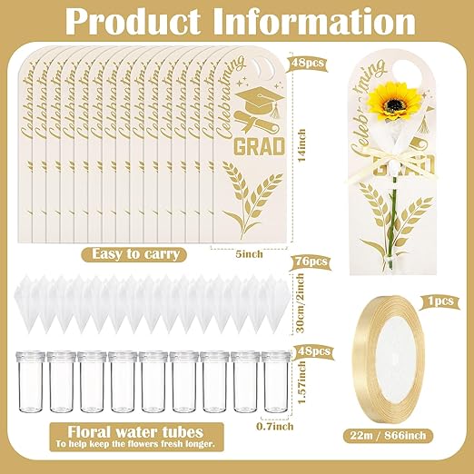 Eaasty 48 Set Graduation Day Themed Single Sunflower Card Sleeve Grad Gift Packaging Flower Holder with Floral Water Tubes Ribbon Floral Tissue Paper for Flower Packing