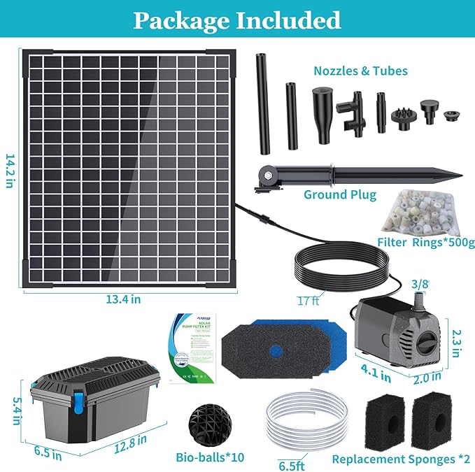 POPOSOAP 25W Solar Pond Filter with Water Pump, Solar Pond Filter Box with Water Flow Adjustable, Pond Pump with PVC Tubing for Outdoor Pond Fish Tank Waterfall Garden Water Feature-P3253