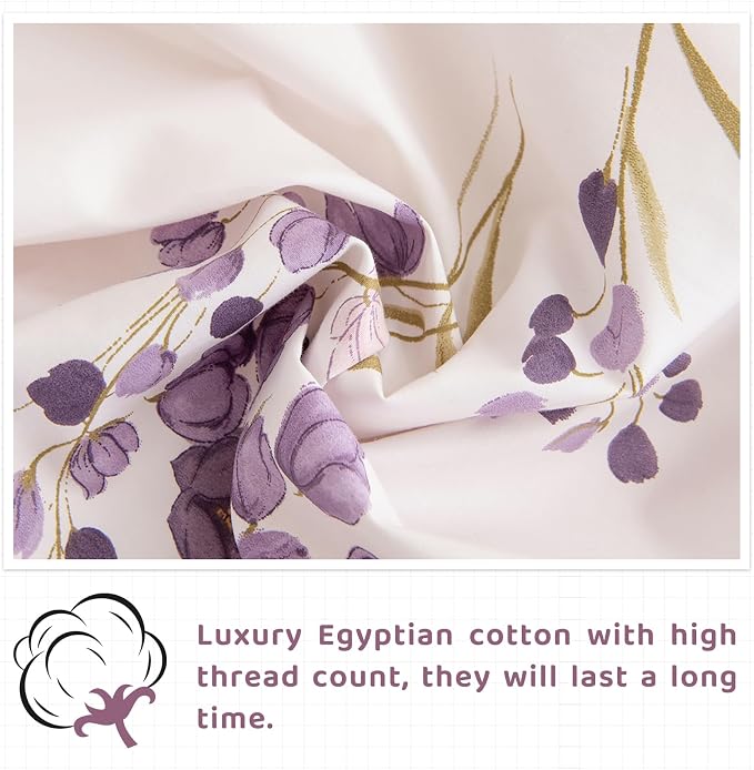 QSH Lavender Floral Bed Sheets Queen Size - 100% Egyptian Cotton Sheets Purple Flower Printed Bedding Sheets Queen Size Bed 4pcs Deep Pockets Bed Sheets