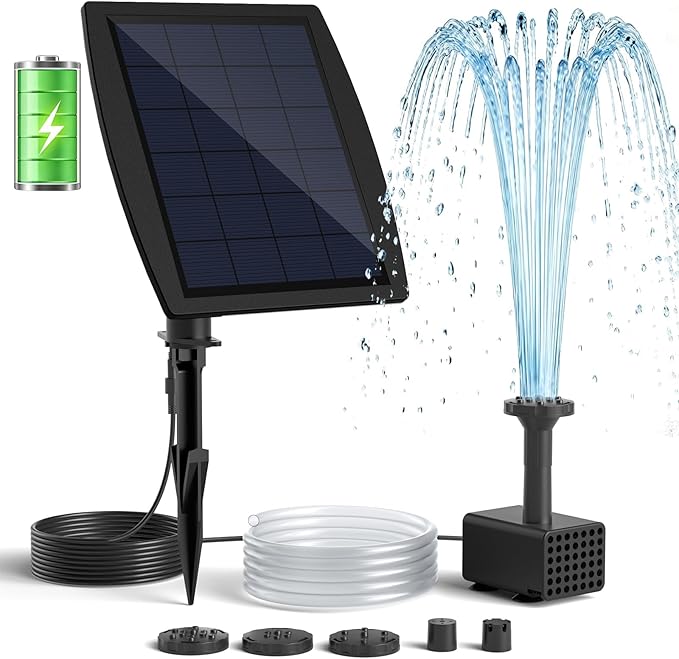 Solar Fountain Pump with Battery Backup, 4W Solar Water Pump Built-in 2000mAh Battery with 9.8Ft Cable, 5 Spray Modes & 4Ft PVC Tubing, Pond Fountain for Bird Bath Garden Water Feature