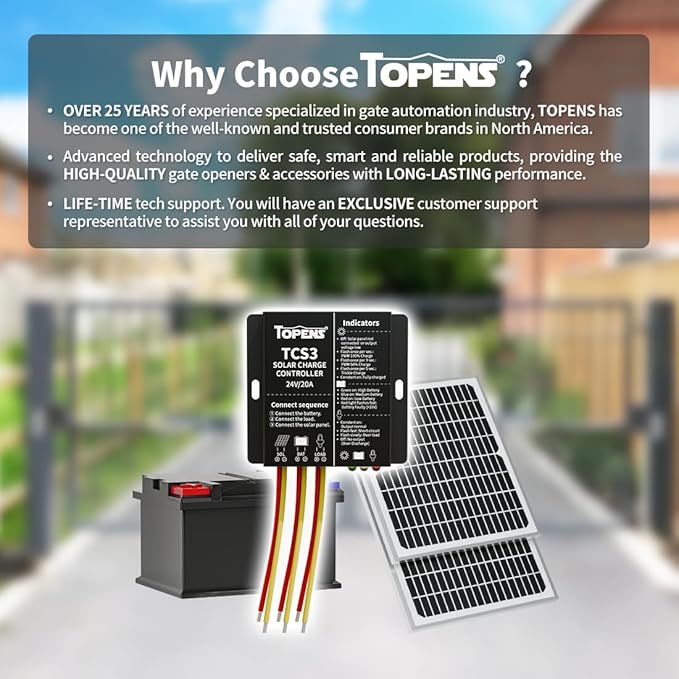 TOPENS TCS3 Solar Charge Controller Waterproof Solar Panel Battery Regulator for Solar Automatic Gate Opener, Boat, Yacht, RV, Caravan, Golf Car, Street Lamp, Garden Light and Farm Equipment