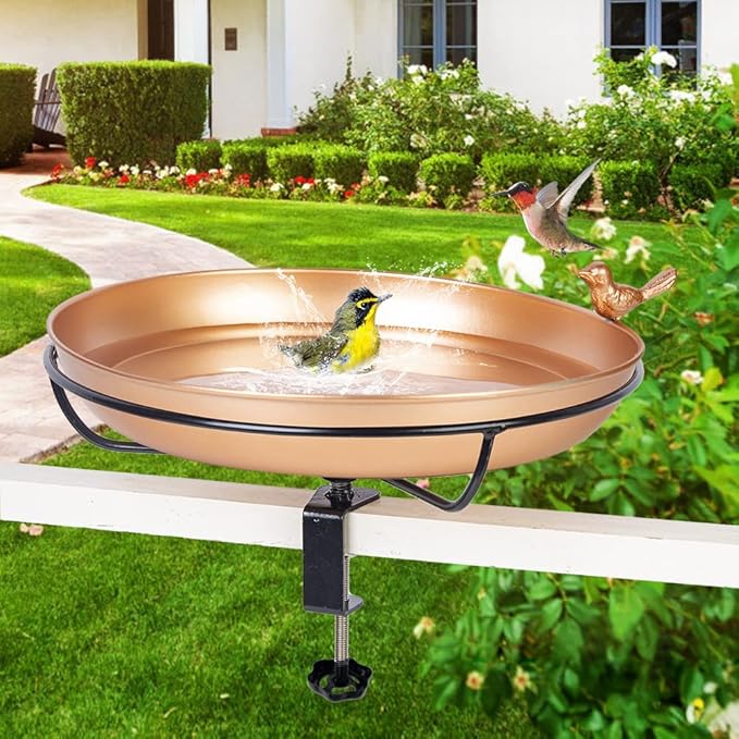 DREAMSOUL Deck Mounted Bird Bath, Metal Bird Bath with Sturdy Steel Clamp, 12" Birdbath for Railing Balcony Garden Decoration
