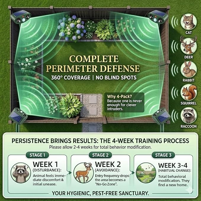 2026 Ultrasonic Deer Repellent Devices Solar Animal Repellent Outdoor with Motion Sensor to Keep Cat Rabbit Raccoon Out of Yard Garden Farm Squirrel Fortress Pro Deer Deterrent for Plant,4Pack