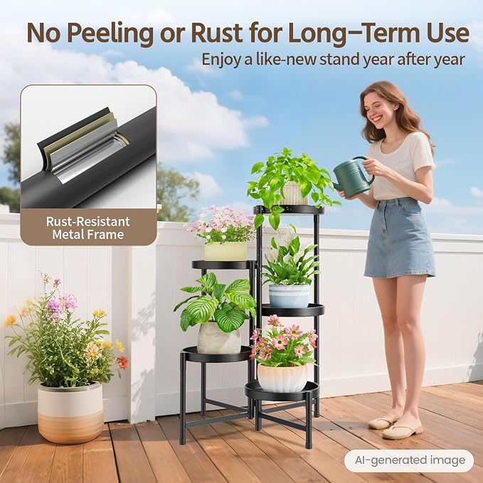 LASZOLA 5 Tier Large Plant Stand Indoor Tall with 10 Inch Metal Tray, Corner Folding Flower Display Rack, Modern Plant Holder Shelf for Outdoor Patio Porch Garden Office Living Room, Black