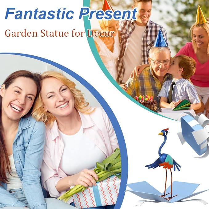 Metal Wacky Heron Garden Statue for Patio, Backyard, Lawn | 19‘’ Crane Garden Decor for Outside, Waterproof Bird Yard Art, Blue & Cyan