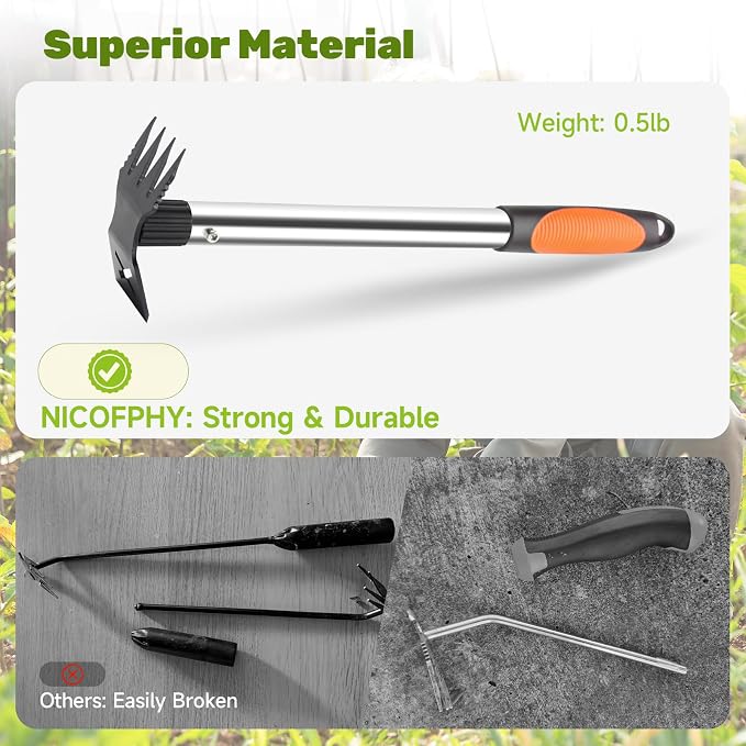 60" Weed Puller Tool with Long Handle and 17" Weeding Tools Gardening Set, Dual Side Hand Weed Rake and Hoe Garden Weeder, Weed Pulling Remover Tool for Yard, Patio, Lawn and Garden Planting (Black)