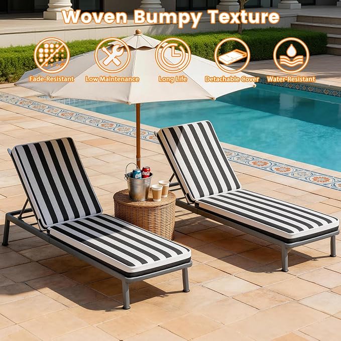 Sundale Outdoor Olefin Chaise Lounge Cushion, Water-Resistant Patio Lounge Chair Cushion, Thick Lounger Pad with 4 Straps Cabana Stripe Black, 72 x 21 x 4 Inches