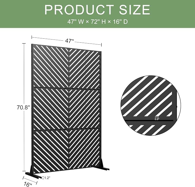 Casaphoria 72" H x 47" W Metal Outdoor Privacy Screen, Freestanding Decorative Divider for Patio, Deck, Balcony, and Garden with Stable Base, Black Parallel