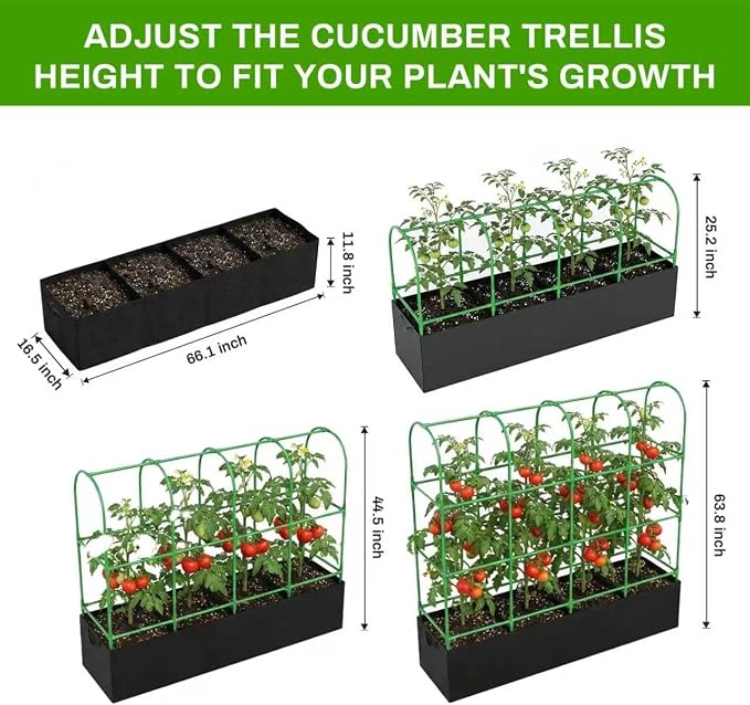 66"×64"×16.5" Cucumber Trellis with Grow Bag, Trellis for Climbing Plants Outdoor,U-Shape Reusable Metal Garden Arch Trellis with Net, for Fruit Flower Support for Pea, Grape Vine Type Plants