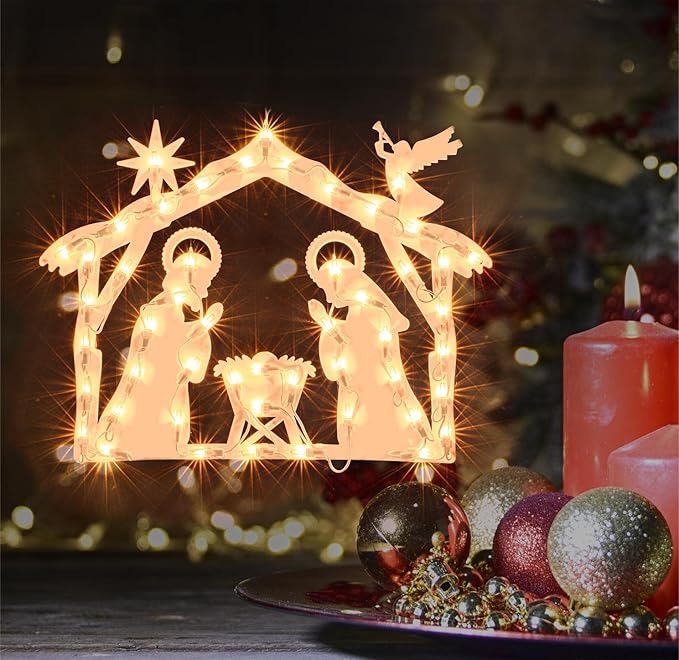 Christmas Window Silhouette Lights, Lighted Nativity Double Sided Decorations with 50 Count Incandescent Mini Light for Holiday Indoor Wall Door Glass Decor
