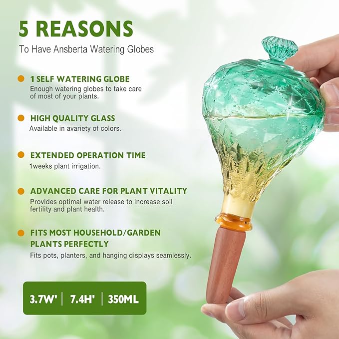 12 oz Plant Watering Globes, Green Glass Self Watering Bulbs Top Fill with Terracotta Spikes Stake, Self Watering Planter Insert Vacation Automatic Plant Waterer Device for Indoor & Outdoor
