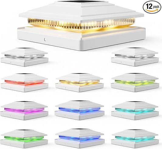 12Pack Solar Post Cap Lights - 8 RGB Color Changing Modes & Multicolor Flow, IP65 Waterproof - for 4x4/6x6 Wood & 4x4/5x5 Vinyl Fence Posts - Outdoor Deck, Patio, Garden Lights (White)