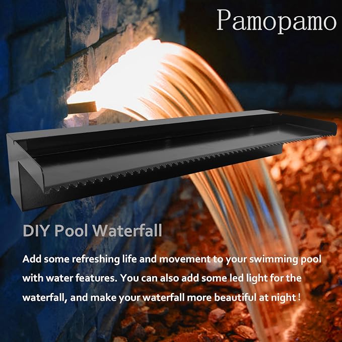 Pamopamo Pond Waterfall Spillway Pool Fountain Water Feature, Black Stainless Steel Outdoor Fountains, Swimming Pool Water Flow Waterfalls Kit for Garden Patio Ponds-23.6"x7.8"x3.9"(NO Light)