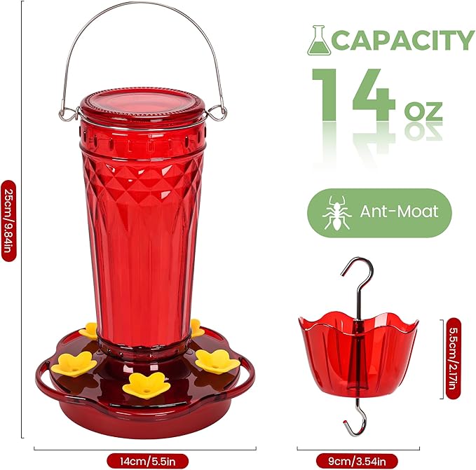 Zamelane Glass Hummingbird feeders for Outdoors 2pack-14Ounces，5 Feeding Ports Hummingbird Feeder,Wide Mouth for Easy Filling/Cleaning，Hanging for Garden Backyard Decor, Includes Ant Moat (Red，2Pack)