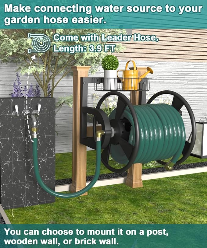 Artigarden Garden Wall Mounted Hose Reel, Outdoor Heavy-Duty Water Hose Holder Winder, Holds 125 Feet of 5/8-Inch Hose, with 3.9 ft Leader Hose, Water Fitting and Storage Basket for Yard, Black