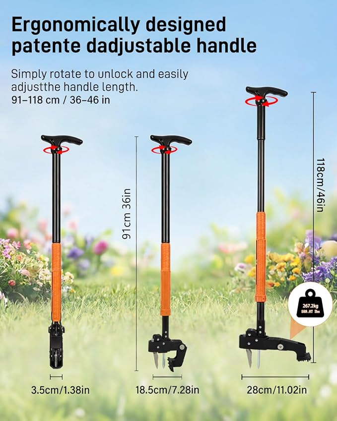HAUSPROFI Stand Up Weed Puller Tool with 36-46 Inch Adjustable Long Handle and 50L Garden Bag, Heavy Duty 4-Claw Stainless Steel Weed Remover Tool with Automatic Rebound Design for Deep Roots