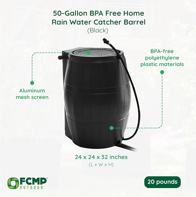 FCMP Outdoor Rain Barrel, Flat-Back Rainwater Catcher with Spigots, 50 Gallon, Black - Portable Water Storage Container Tank for Home, Garden, and Backyard