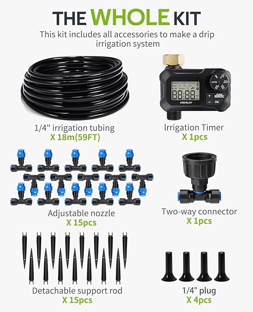 HIRALIY 59FT Greenhouse Misting Drip Irrigation Kit with Water Timer, Quick Connector Design Garden Watering System, Automatic Irrigation System with Tubing, Nozzles for Hanging Plants, Raised Bed