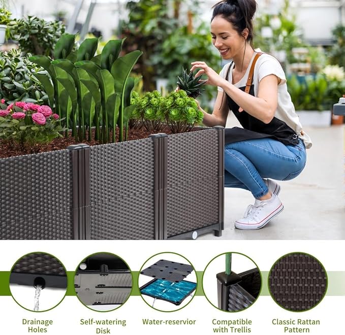 Emalie Deep Raised Garden Beds Large Plastic Planter Box with Drainage Plugs for Veggies Flowers Herbs Deep Root Plants Growing, 63.0" Lx15.7 Wx16.9 H Brown