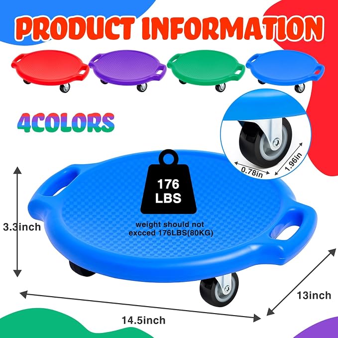 Soulchen Manual Sports Scooter Board with Handles, Sitting Scooter Board with Universal Wheels for Home Gym Indoor Outdoor Activities Play Equipment