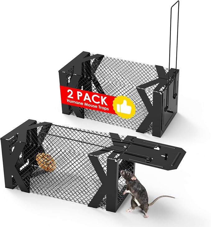 TeqHome 2 Pack Humane Rat Trap, Small Live Chipmunk Trap That Work for Indoor & Outdoor, Easy to Catch & Release, Live Animal Traps Mouse Cage Traps Reusable for Small Rodents Mice Voles Hamster,Black