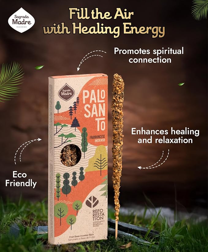 Sagrada Madre 4pcs Wildly Harvested Palo Santo Incense Sticks (Frankincense), 6.7” Long - Non-Toxic, Aromatic Incense Sticks (50 min Approx. Burning Time) to Heal & Calm Your Body and Environment