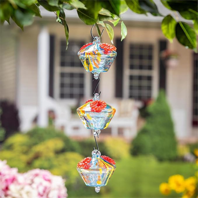 Evergreen Garden Set of 3 Art Glass Hanging Chained Hummingbird Bird Feeder - Fade and Weather Resistant Indoor/Outdoor Decoration for Homes, Yards and Gardens (Blue & Yellow)