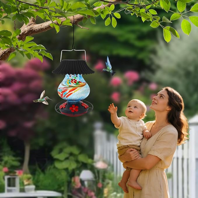 Solar Hummingbird Feeder-5 Feeding Ports with Perch, Hand Blown Glass Blue Tree Sea Color Changing-Never Leak, Multicolor Night Lights – Perfect Hummingbird Feeder for Outdoors for Nature Enthusiasts