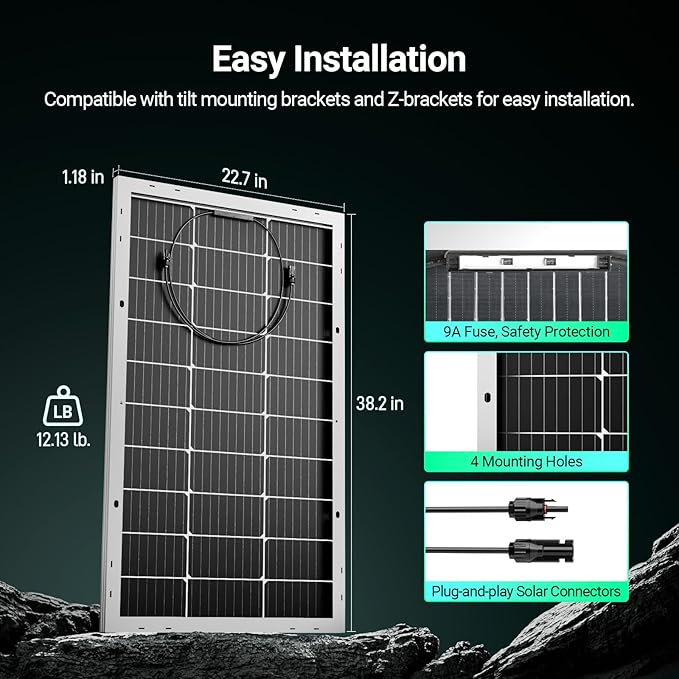 HQST-100W 12V Monocrystalline Solar Panel, High Efficiency Module PV Power for Battery Charging Boat, Caravan, RV and Any Other Off Grid Applications(2-Pack Solar Panels)
