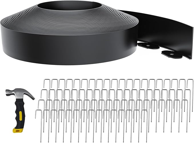 66FT Landscape Edging 3 in Tall with 70 Spikes, Garden Edging Border and 1 Hammer, Plastic Landscape Edging Border Lawn Edging for Landscaping, Flower Beds, Yard