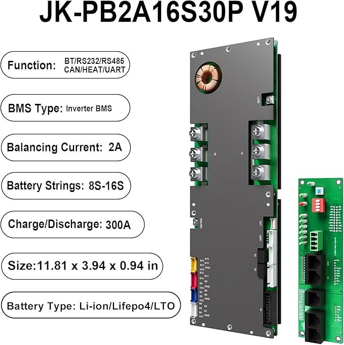 JKBMS Inverter BMS 8S-16S 24V-48V 300A – V19 Home Energy Storage BMS with UART Port, 2A Active Balance, Built-in Bluetooth, RS485 & CAN, for Solar System (JK-PB2A16S30P V19)