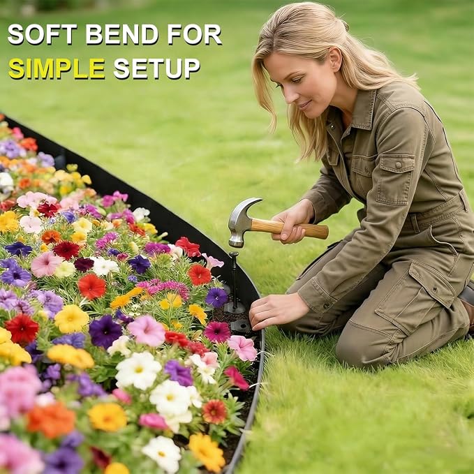 Landscape Edging 49FT, 4IN High Garden Edging Borders,Lawn Edging Kit with 75 Spikes, Plastic Fence Edge DIY for Yard, Tree, Flowerbeds, Landscaping, Grass -Black