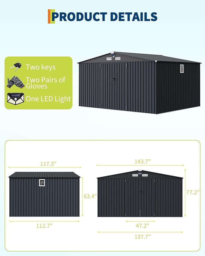 10x12FT Metal Storage Shed with Sloped Roof, Lockable Doors, Solar Light, Windows, and Vents, Outdoor Storage Sheds for Garden, Backyard, Patio Tools and Equipment