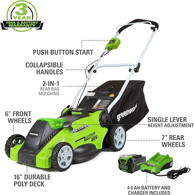 Greenworks 40V 16" Cordless Electric Lawn Mower + 40V Sweeper (150 MPH), 4.0Ah Battery and Charger Included