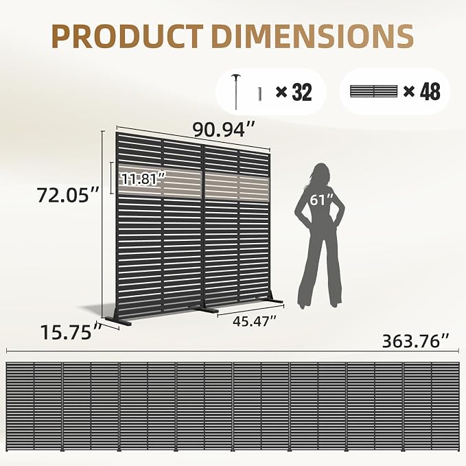 Privacy Fence Screen with Stand 6 Panel 72" H×47" W HDPE Decorative Privacy Panels with Stand, Air Conditioner Fence Panels, Privacy Screen for Outdoor Backyard, Balcony, Pool