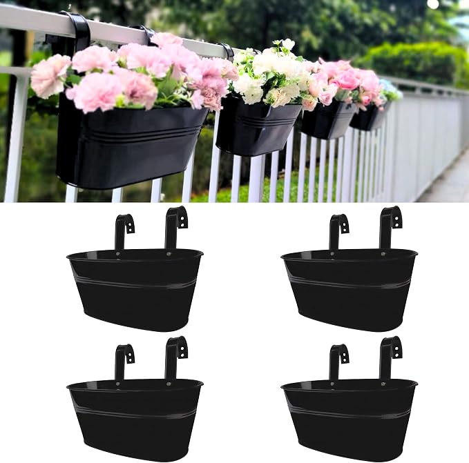 LaLaGreen Outdoor Rail Planter (11.8 Inch, 4 Pack) Black Metal Iron Hanging Flower Pots Deck Railings Fence Buckets Modern Countryside Boho Style Wall Mount Window Box Plant Holder Hooks Porch Decor