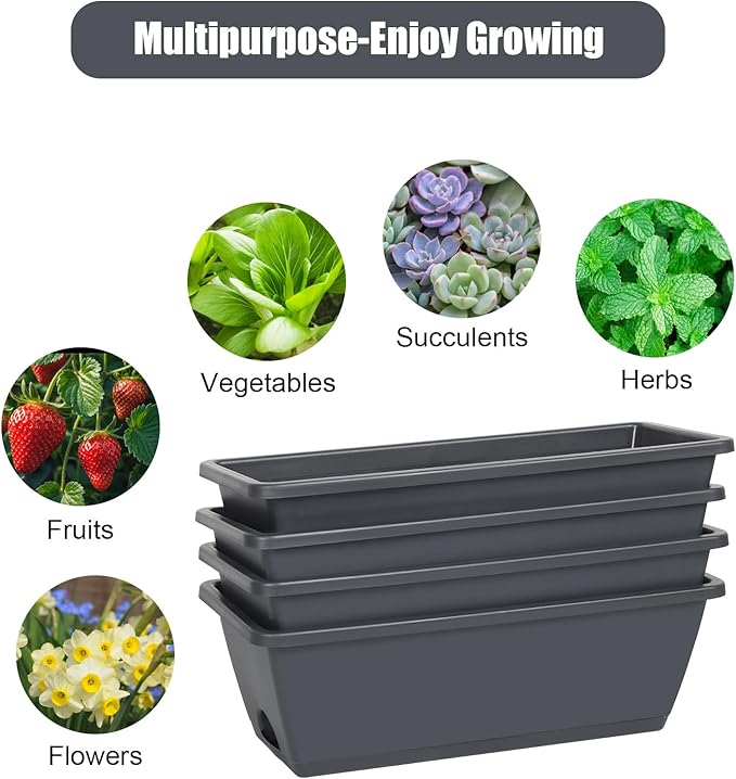 Deck Railing Planter Boxes 2 Tier Grey Window Boxes Planters Set of 2 with 4 Pack Rectangular Planter 16.9 Inch Outdoor Balcony Hanging Planters with Adjustable Brackets for Garden Porch Patio