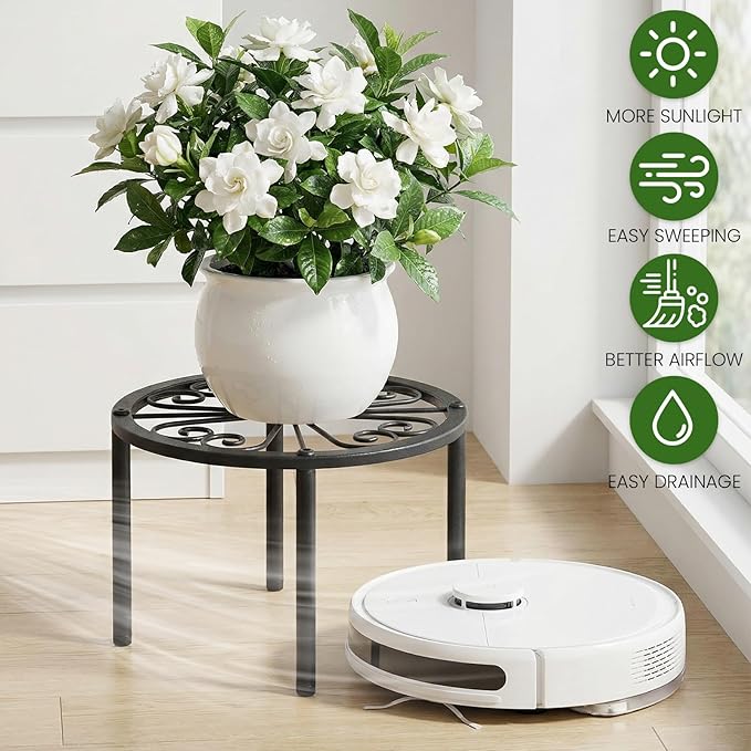 TOSKING Heavy Duty Metal Plant Stand – 120 lbs Capacity, 10.2" Classic Scroll Pattern Round Stand for Medium to Large Pots, 4 Adjustable Feet & Rustproof, Indoor/Outdoor, Black (10.2" D x 7.9" H)