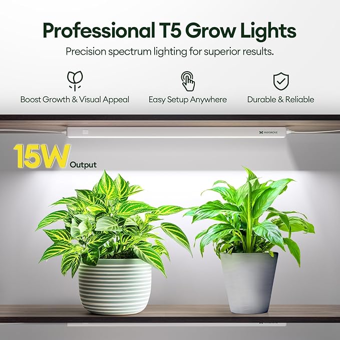 Maygrove T5 Grow Lights for Indoor Plants 2FT, Sun-Like Full Spectrum 5000K Grow Light, 60W(4 x 15W), Grow Light Strips for Seed Starting, Greenhouse, High PPFD, Linkable, White, 4-Pack